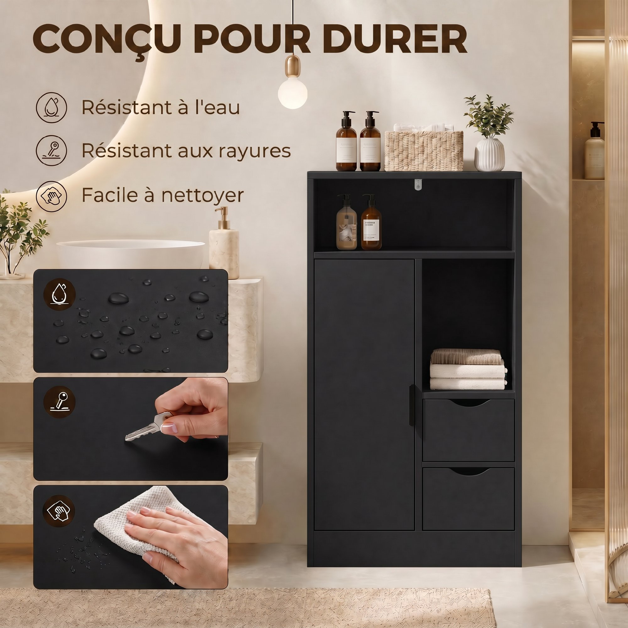 Meuble de salle de bain étroit 2 tiroirs et placard
