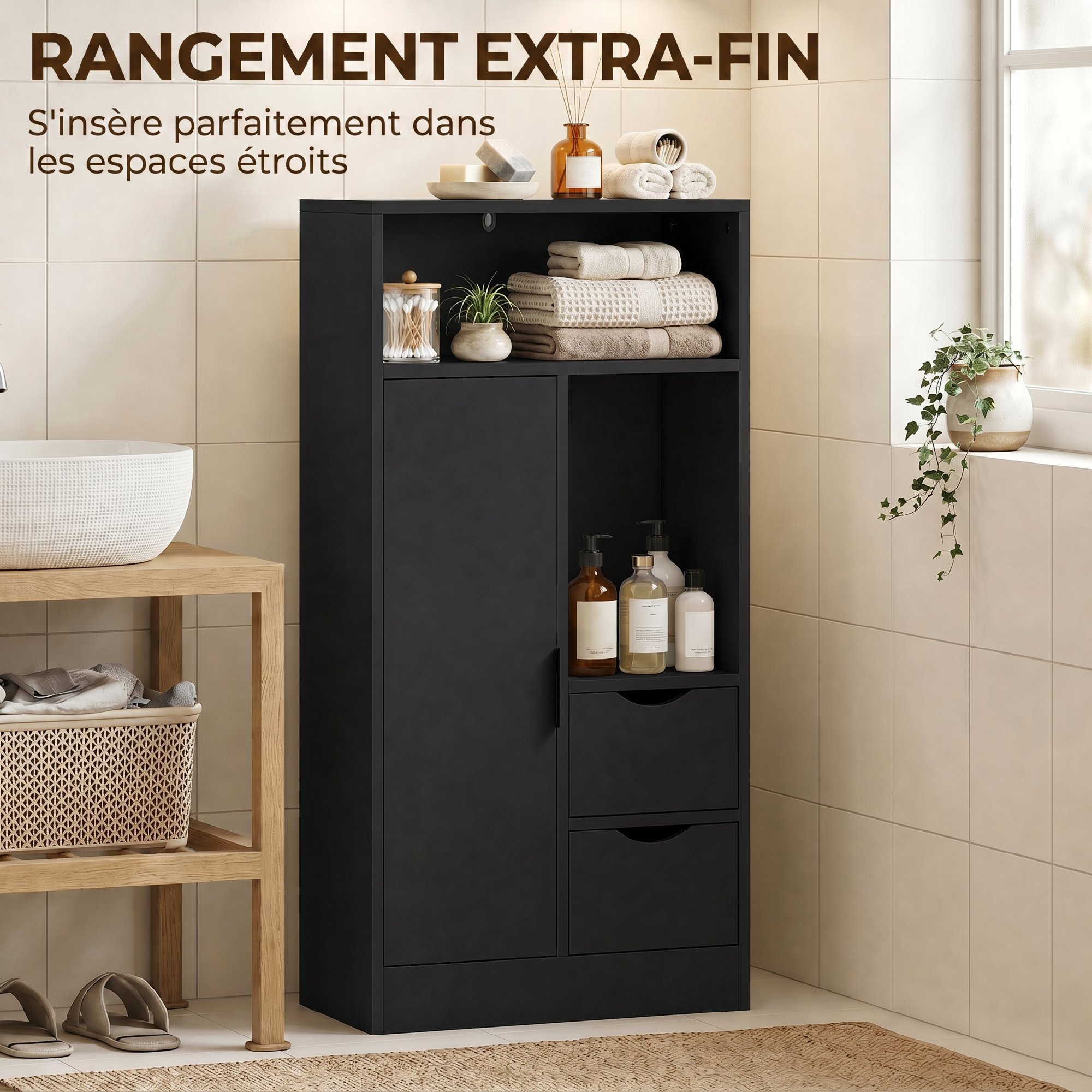 Meuble de salle de bain étroit 2 tiroirs et placard