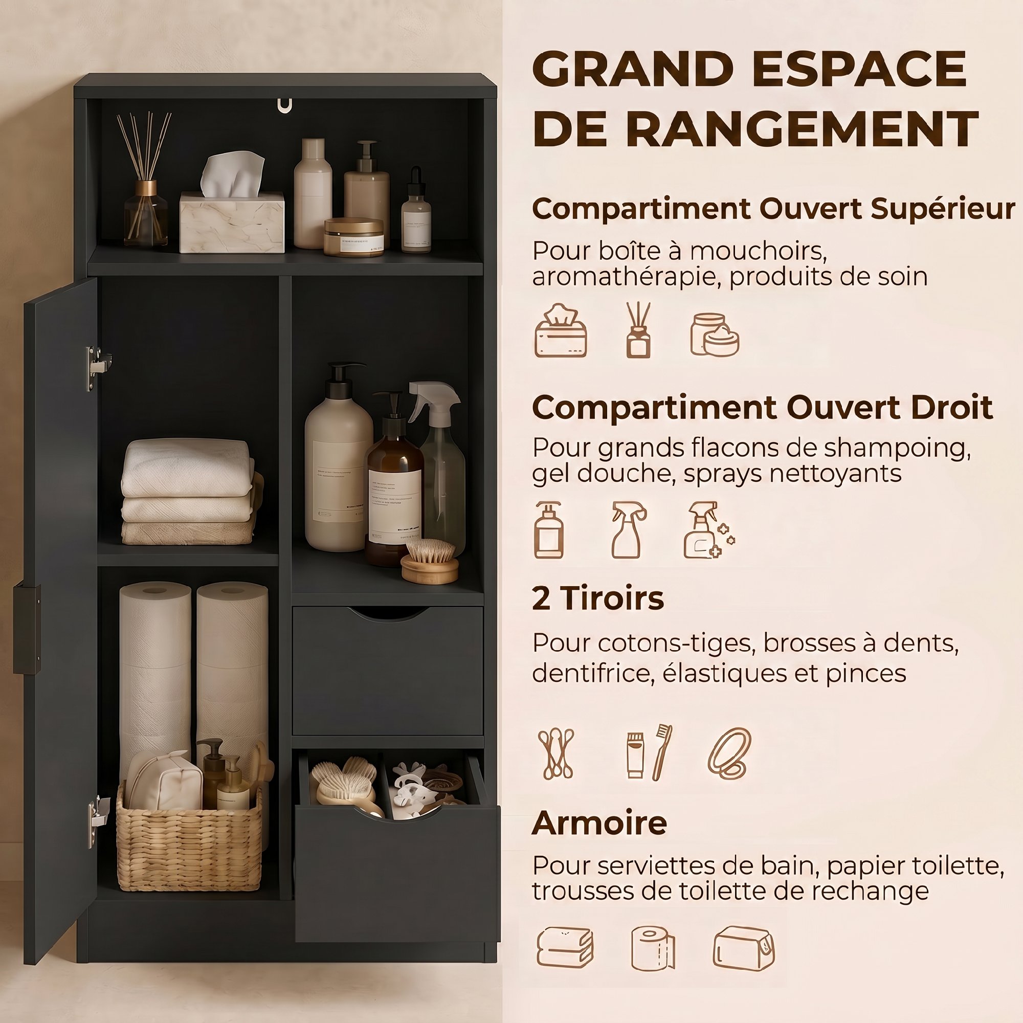 Meuble de salle de bain étroit 2 tiroirs et placard
