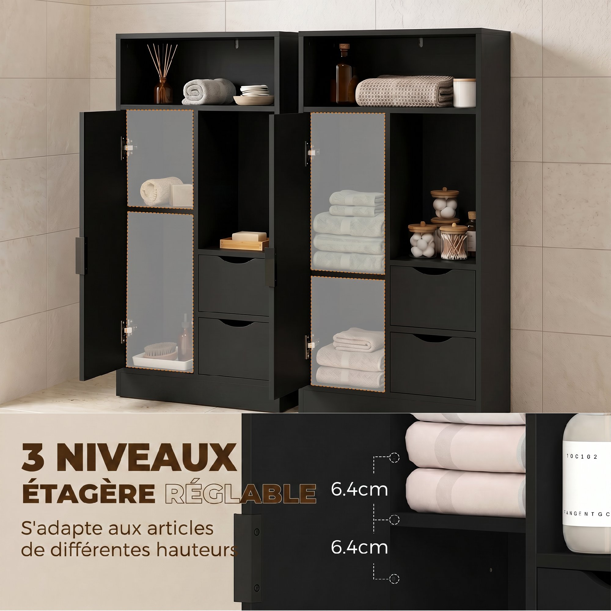 Meuble de salle de bain étroit 2 tiroirs et placard