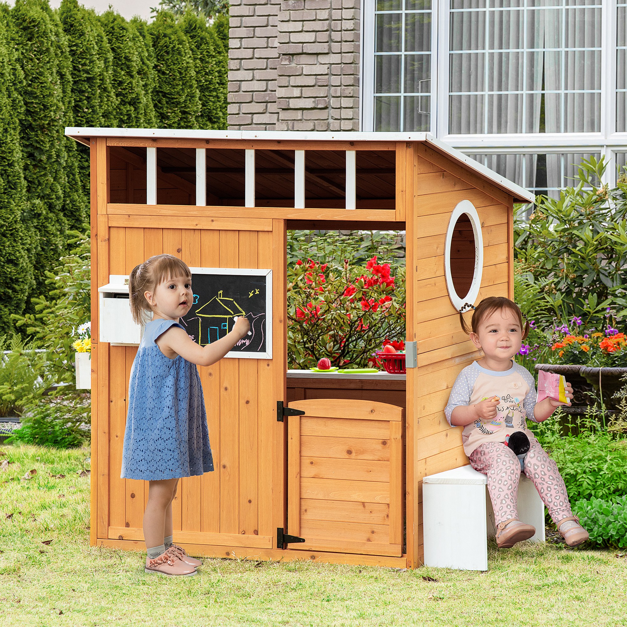 Cabane de jeu pour enfant maison de jardin en bois porte et fenêtres, banc, boite aux lett — vue 2