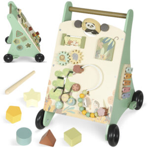 Trotteur en bois vert avec centre d'activités pour bébé