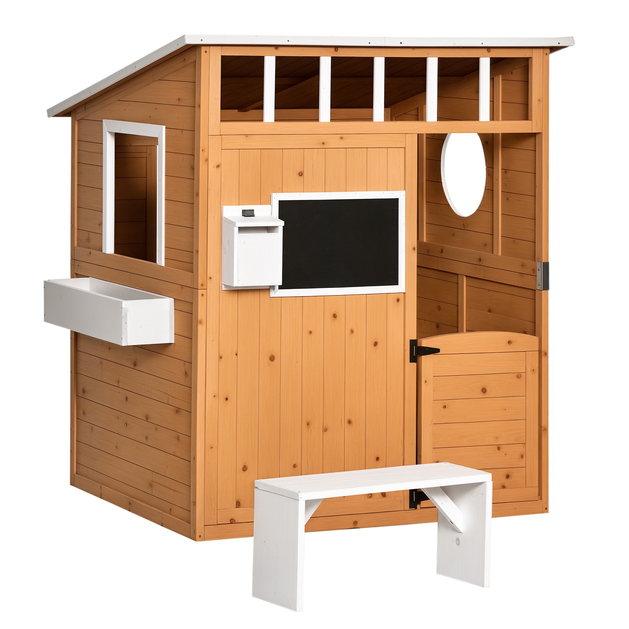 Cabane de jeu pour enfant maison de jardin en bois porte et fenêtres, banc, boite aux lett