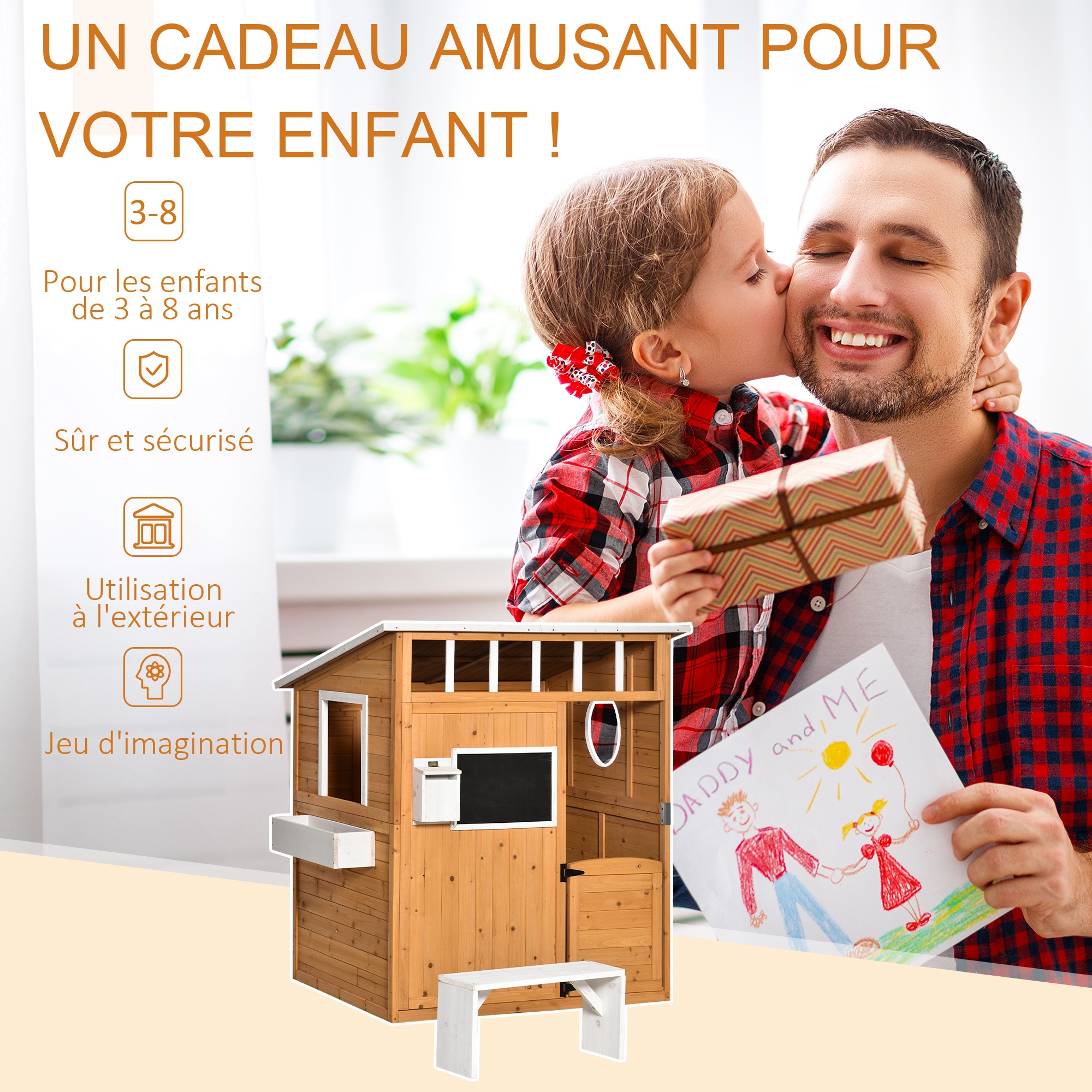 Cabane de jeu pour enfant maison de jardin en bois porte et fenêtres, banc, boite aux lett — vue 5