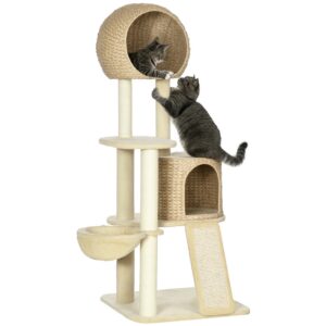 Arbre à chats griffoir sisal naturel 2 niches plateforme hamac peluche jacinthe d'eau - 60