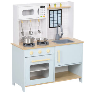 Cuisine enfant en bois bleu avec micro-ondes, four et évier
