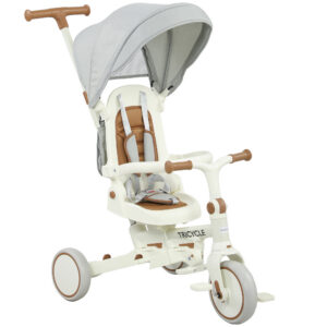 Tricycle bébé évolutif 5 en 1, tricycle enfant pliable avec poignée réglable, capote amo