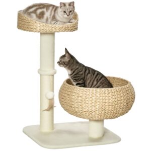 Arbre à chat griffoir 2 niveaux hauteur 72 cm poteau sisal avec niche et plateforme 1 ball
