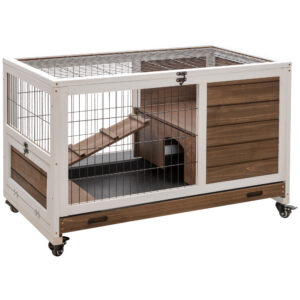 Cage à lapin d'intérieur en bois marron et blanc sur roulettes