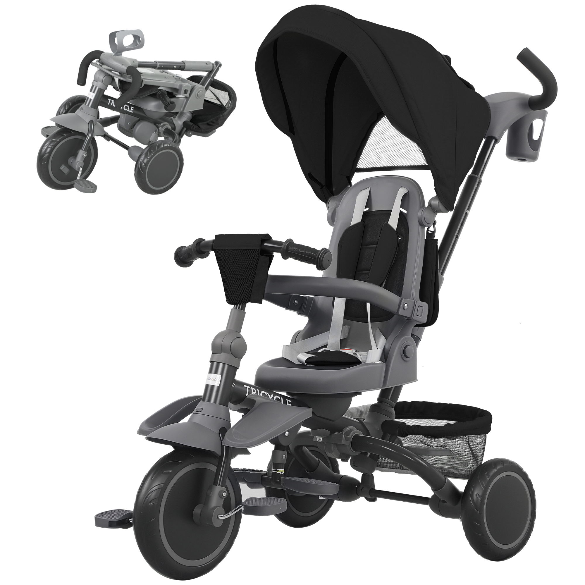 Tricycle 6 en 1 avec canne et ceinture, noir